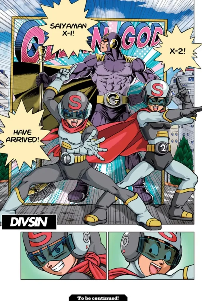 Goten and Trunks pose as Saiyaman X-1 and X-2 in Dragon Ball Super Chapter 104, striking heroic poses beside a Clean God poste